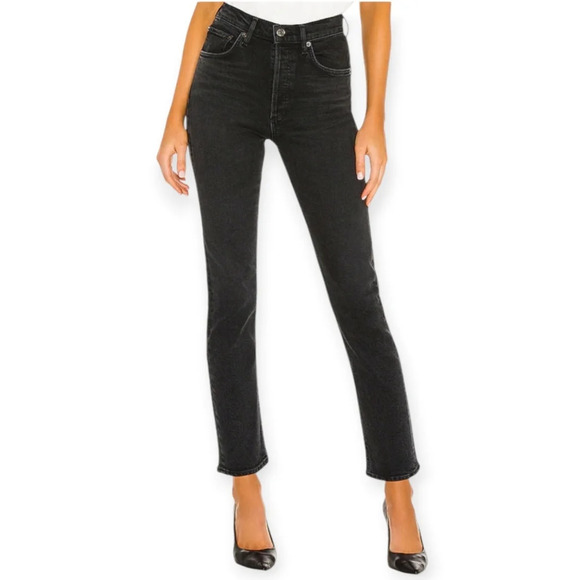 Agolde Riley High Rise Straight Crop Jeans in Panoramic Black Slim Straight 24 - Picture 1 of 16